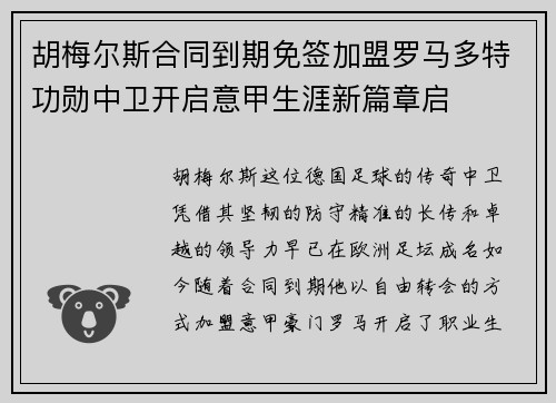 胡梅尔斯合同到期免签加盟罗马多特功勋中卫开启意甲生涯新篇章启