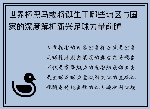 世界杯黑马或将诞生于哪些地区与国家的深度解析新兴足球力量前瞻