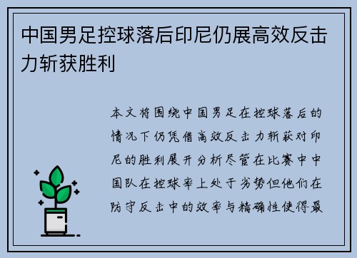 中国男足控球落后印尼仍展高效反击力斩获胜利